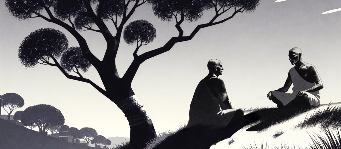 two-monks-meditating-tree-peaceful-landscape